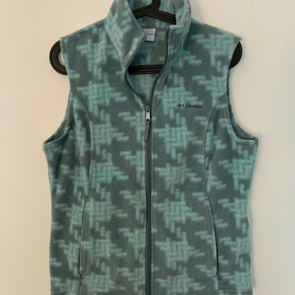 Columbia Fleece Vest Teal Houndstooth Pattern Size M Women